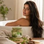 Hair mask with shea oil and arugula in a bath with a shower